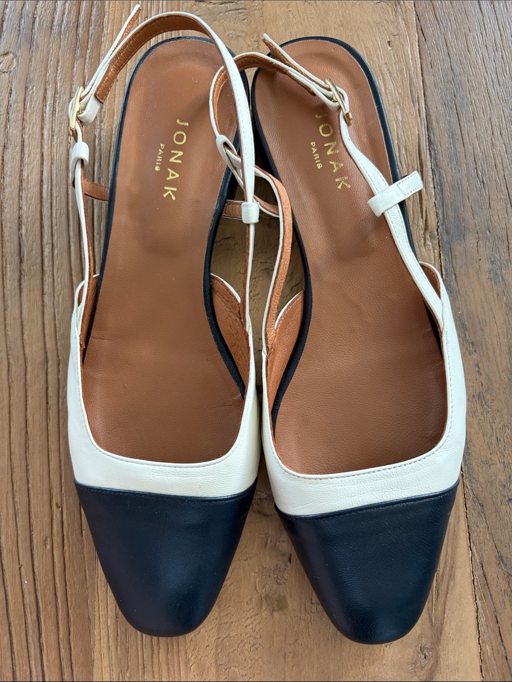 Jonak Paris Two-Tone Navy and White/Cream Slingback Flats